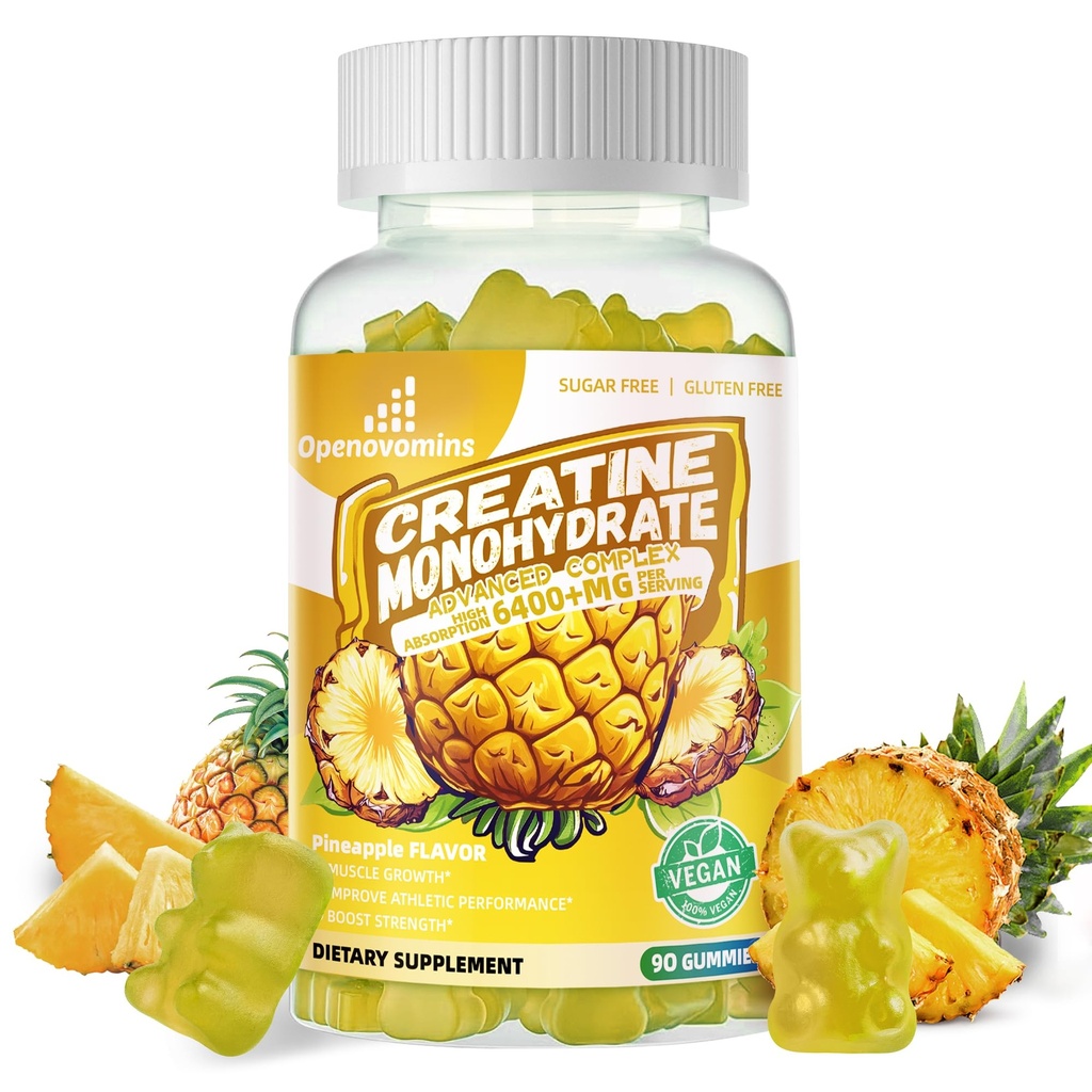 Creatine Monohydrate Gummys for Men & Women - Advanced Formulated W/L-Taurine + Vitamin B12,无糖菜补充品,90 Pineapple Gummys