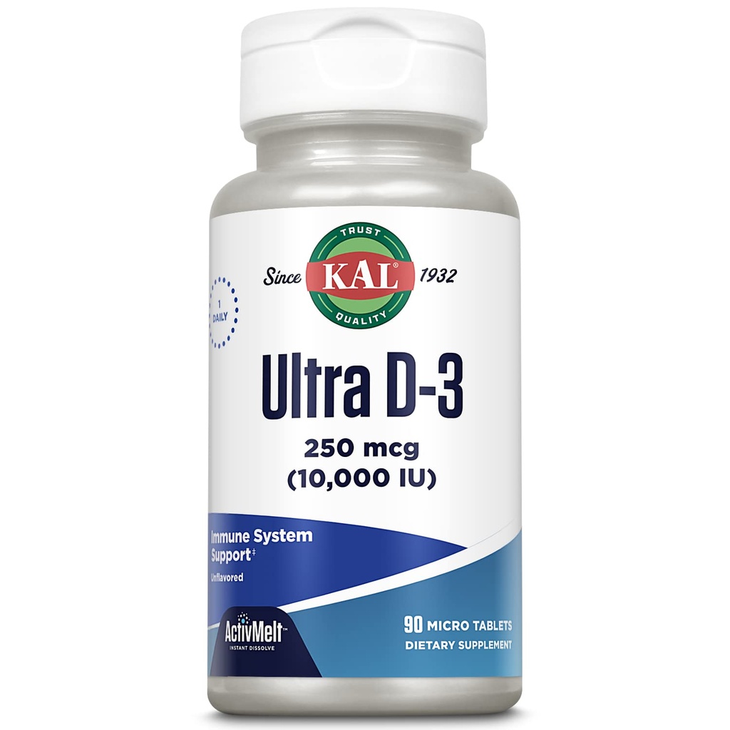 KAL 超维生素D3 250 mcg (1000 IU),高发性维生素D,钙吸收,骨质健康和免疫支持补充剂,即时溶解,不受欢迎的活体Melt,90位服务,90位微片
