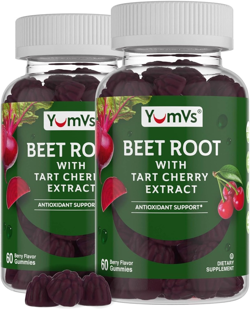 YUM-V's Beet Root Gummys with Tart Cherry 提取器 - Berry Flavor Beetroot Gummys - Beet Chews for Blood 环流和抗氧化剂支持 - 红豆 Gummys Berry 60 Count (Pack of 2) (中文(简体) ).