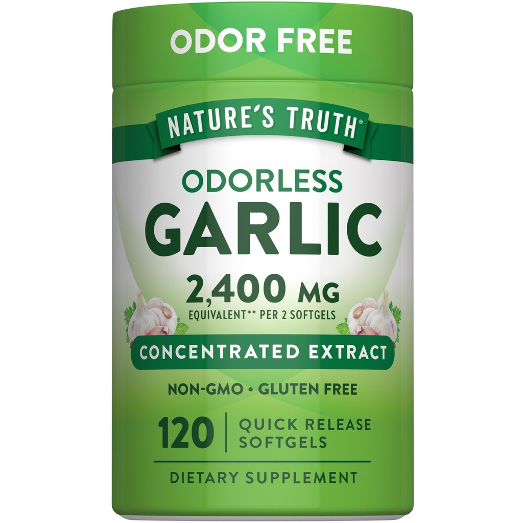 大自然的真理无味大蒜 2400 mg → 120 软胶 → 提取药片 → 非GMO, Gluten Free Supplement