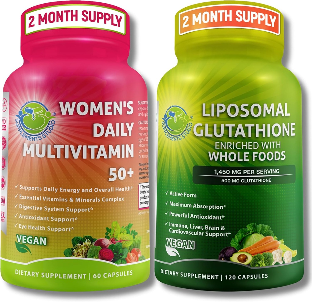 SUPPMENTS STUDIO 抗氧化剂,细胞与免疫支持包 - 妇女日报 多维塔明 50+ 有机超级食品 + Liposomal Glutathione 500mg - Vegan, 非GMO, 清洁标签