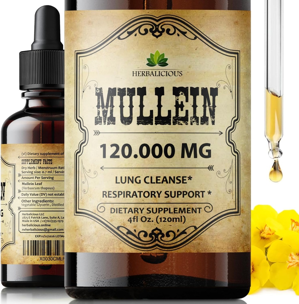 HERBALICIUS Mullein Drops for Lungs – 有机肺清洁剂补充剂 Mullein 叶片提取剂(Verbascum Thapsus)– Vegan,非GMO液态配方 4 Fl Oz