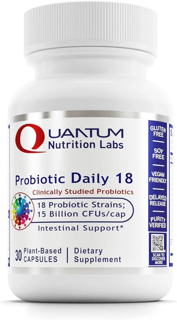 量子营养实验室 Probiotic Daily 18 - 消化卫生的Probiotics, 抗酸性杆菌的妇女和男子的Probiotics, 抗酸性杆菌的Reuteri for Health Gut Microbiome - 30 Vegetarian Capsules