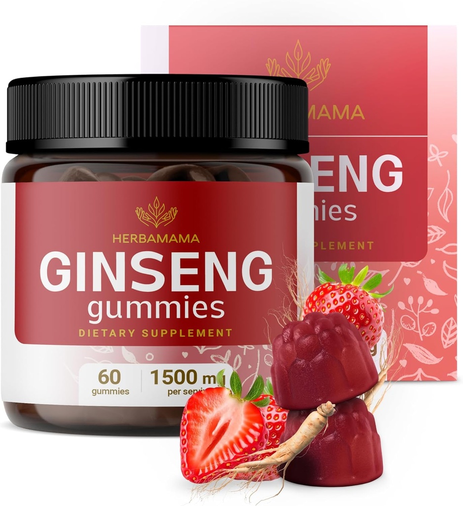 HERBAMAMA Panax Ginseng Gummies - 1500mg Korean Red Ginseng Root for Energy Support - Vegan, Non-GMO Red Panax Immune Support Supplement - 60 Pectin-Based Strawberry-Flavored Chews