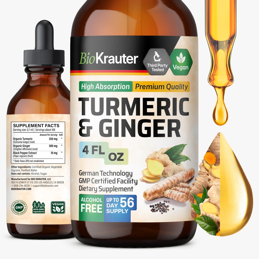 BIO KRAUTER® Turmeric and Ginger Supplement - Pure Vegan Liquid Turmeric & Ginger Tincture with Pepper 4 Fl.Oz 56 Days of Supply - Curcumin Drops for Mobility Support, Antioxidant & Immune Support