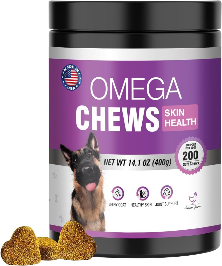 Omega 3 for Dogs Skin and Coat Supplement for Dog Allergy Chews Itching Skin Relief Fish Oil Dry Skin reatment Salmon Oil Supplement 200 Tablets