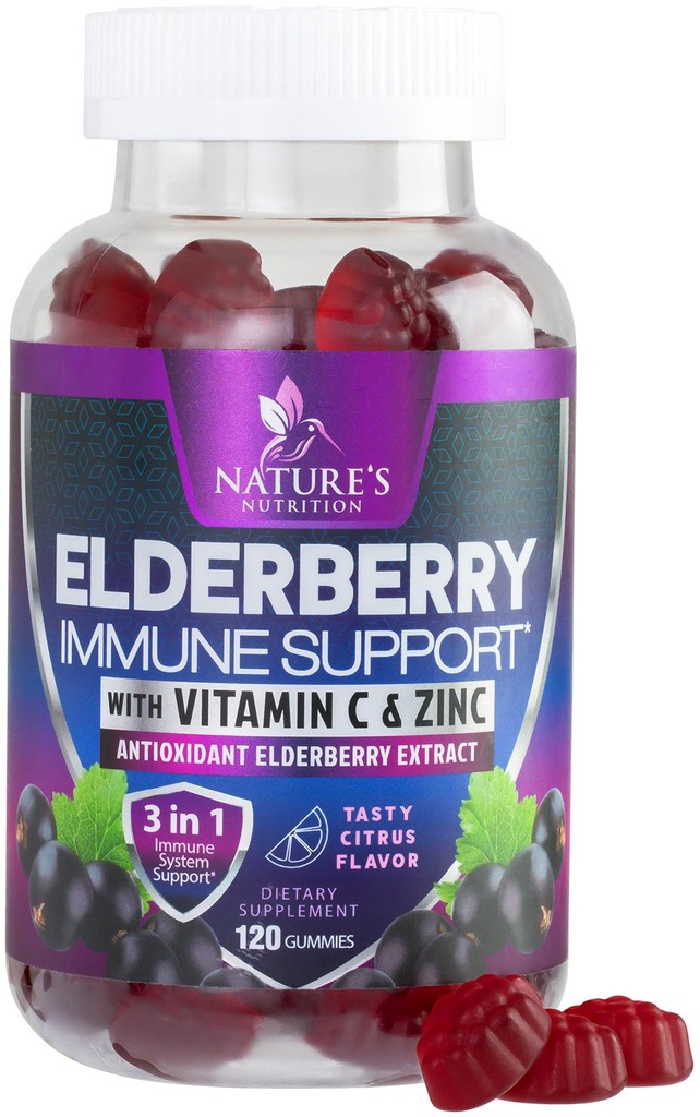 配有"长莓精选"的Immune支持Gummys - 配有"锌和维生素C"的Sambucus Elderberry Gummys 配有"锌和维生素C"的Gummys, 配有"成人与儿童"的天然维冈(Vegan)的Immune支持补充,配有"古米老人"的Berry Vitamins - 配有120 Gummys