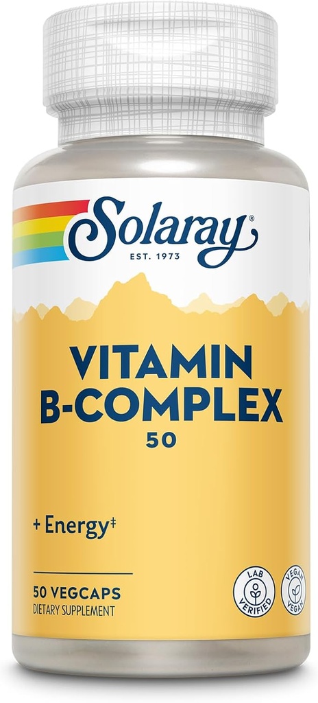 SOLARAY维生素B 复合体 50 mg - 细胞能量维生素 - 代谢和神经健康支持 维生素B12,维生素B1,B6,Niacin,叶酸,生物素和其他B维生素 - Vegan,50 Veg Caps