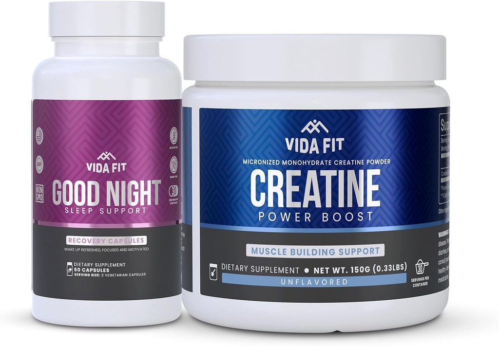 晚安 自然睡眠援助(60 Capsules) & 微营养化 Creatine Monohydrate Powder(150g) Bundle – 自然睡眠支持 Melatonin, Ashwagandha & L-Theanine, Plus Pure Vegan Creatine for 增强