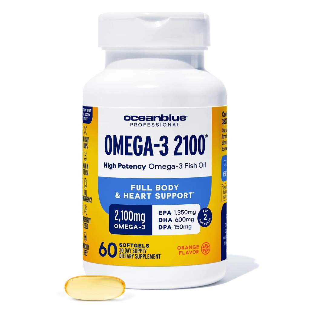 海洋蓝专业Omega-3 2100mg 鱼油补充三重强度,高潜力环保局,DHA & DA Burpless, Wild-Caught, Natural Orange Flavor 60 Softgels (Pack of 1)