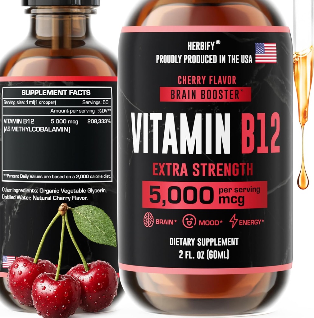 HERBIFY 维生素 B12 男女甲基多维生素能源补充剂 - 液态B12 维生素 5000 Mcg Methicobalamin - 能源支持和免疫健康 液态维生素 2 Oz