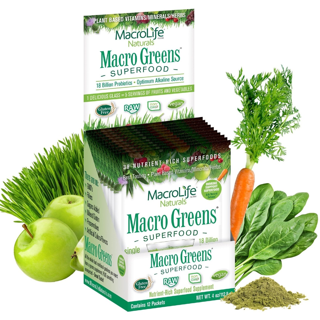 大型生命自然(Macro Life Naturals Macro Greens Powder 38) 超食品 抗氧化剂酶和草药补充 豁免能源清洁 - 非GMO Vegan Gluten无乳品(12种服务)
