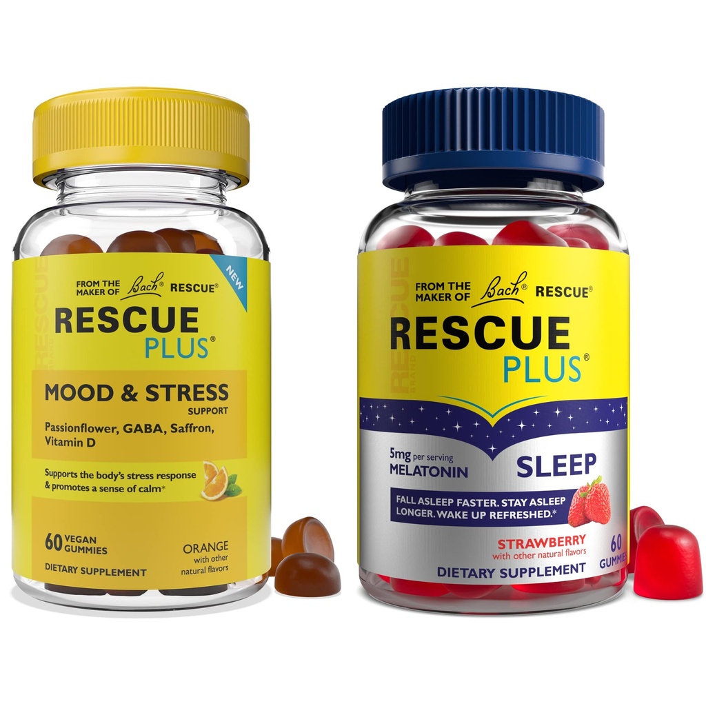 RESCUE Bach Plus Sleep Gummys 配有5mg Melatonin/剂量[和] Bach Plus Mood & 压力支持 配有关键营养物和植物学的Gummys - 2PK 饮食补充品,每份60Ct