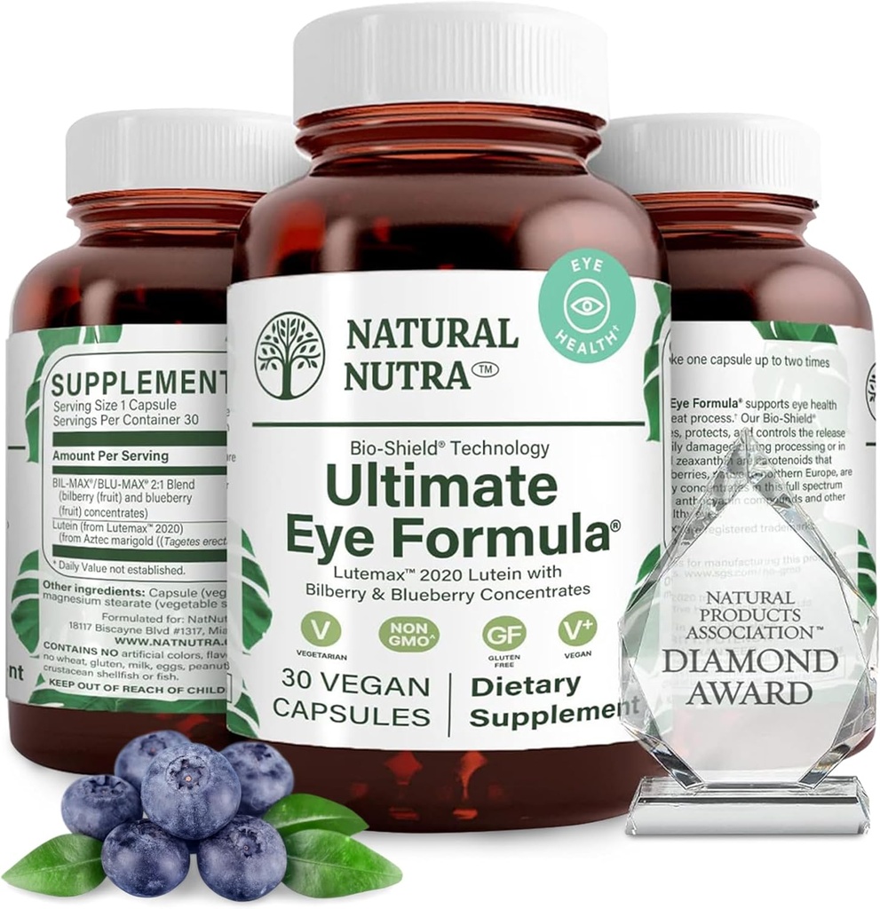 Natural Nutra Ultimate Eye Health Supplement - Bilberry & Blueberry screw 白昼和夜视支持的混合剂,促进色彩感知和眼睛清晰度 - Non-GMO, Vegan - 30 Capsules (Pack of 3)