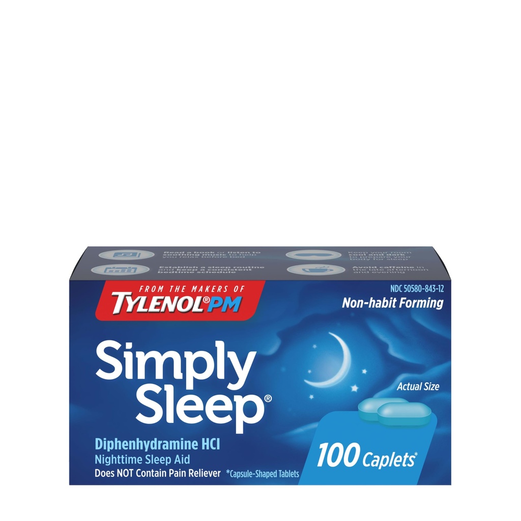 Tylenol 简单的睡眠时间 睡眠援助 卡普列斯, 25 mg 二苯胺 HCl, 成人非哈比特形成睡眠援助, 100 Counter