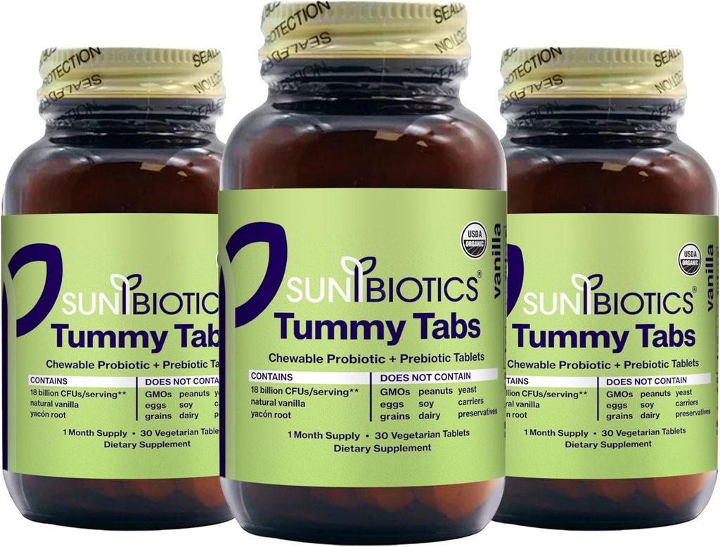 SUNBIOTICS Tummy Tabs - 具有18亿亿个共4个Probiot Strains for Good Gut Flora, Imune System, & 平衡微生物群 - Vanilla (Pack of 3)
