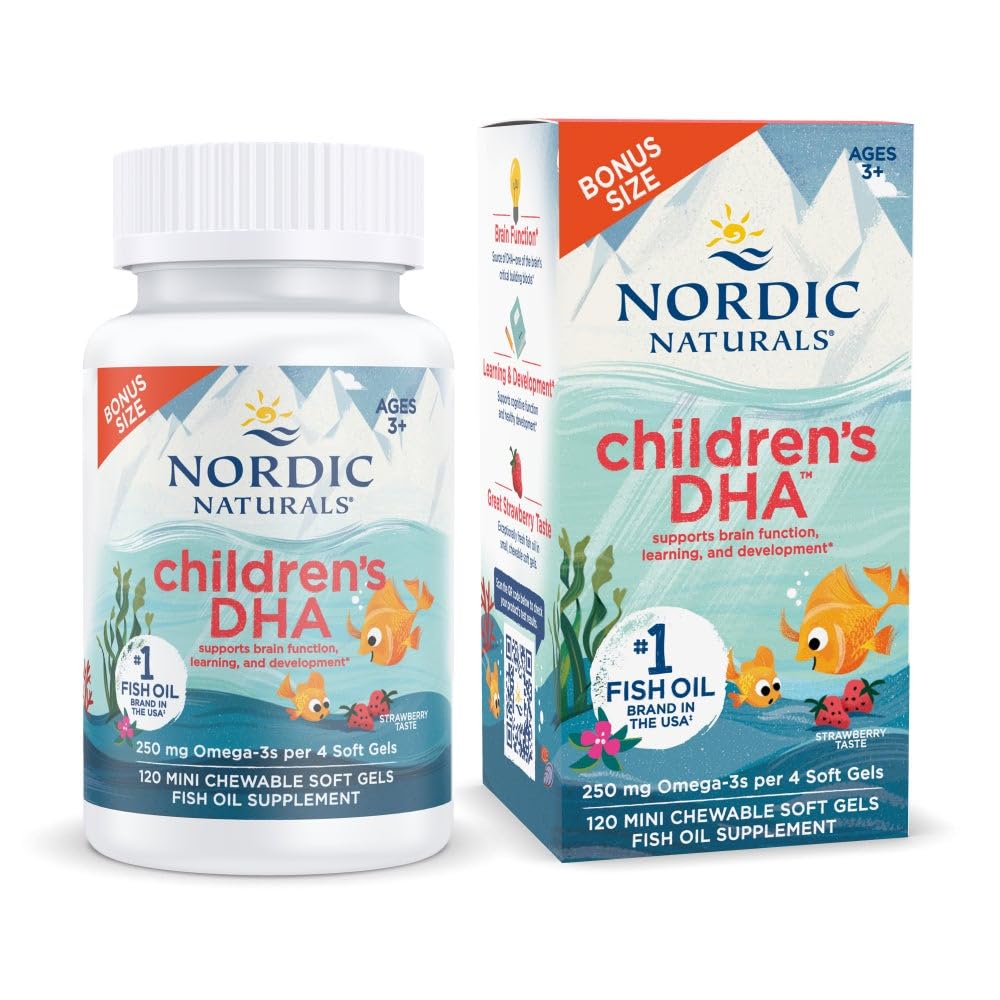 北欧自然儿童DHA,草莓 -- -- 120个儿童小型可切食软果 -- -- 250毫克Omega-3,配有EPA & DHA -- -- 大脑发育和功能 -- -- 非GMO -- -- 30名服务员
