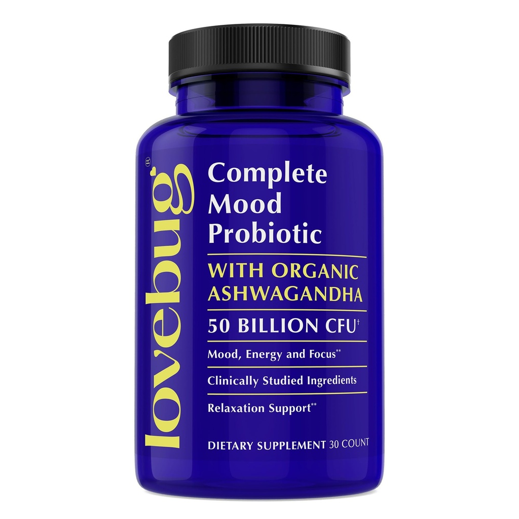 LoveBug Complete Mood Probiotics for Women - 50亿CFU, 10 临床研究的草丛,与Ashwagandha 消化健康有关的Lactocillus Bifidobacterium Probiotic, Mood支助补编,30 Counter