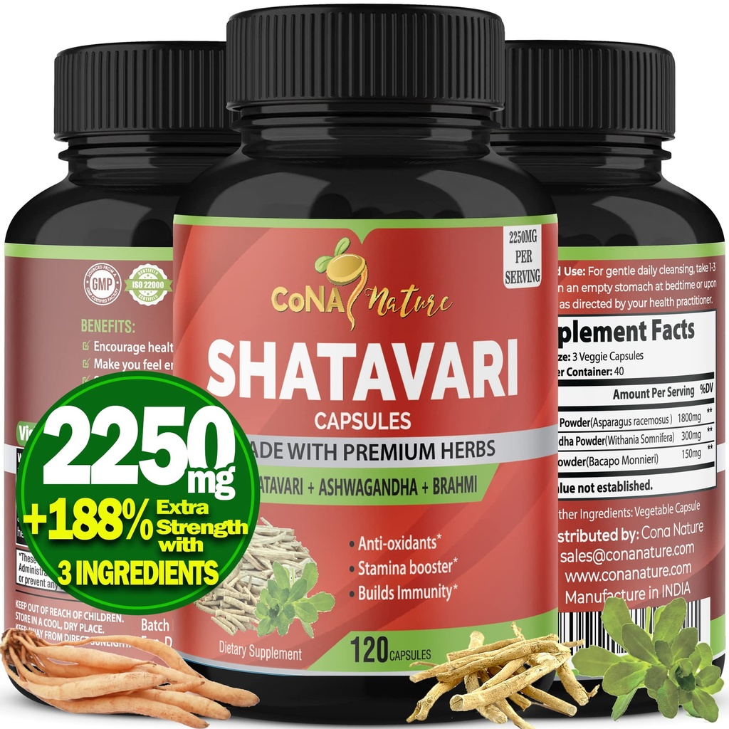 Organic Shatavari Powder Capsules 2250MG with Ashwagandha, Brahmi Extract | Support Women Health, 120 Vegan Capsules