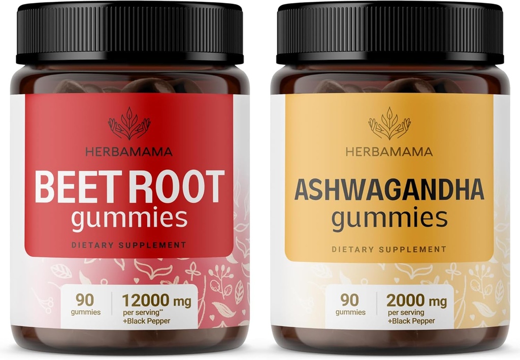 HERBAMMA Beet Root and Ashwagandha Kit - 装有黑辣椒和2000 mg Ashwagandha Root Gummys的12 000毫克Bet Root - Vegan, Free Gelatin, 非GMO
