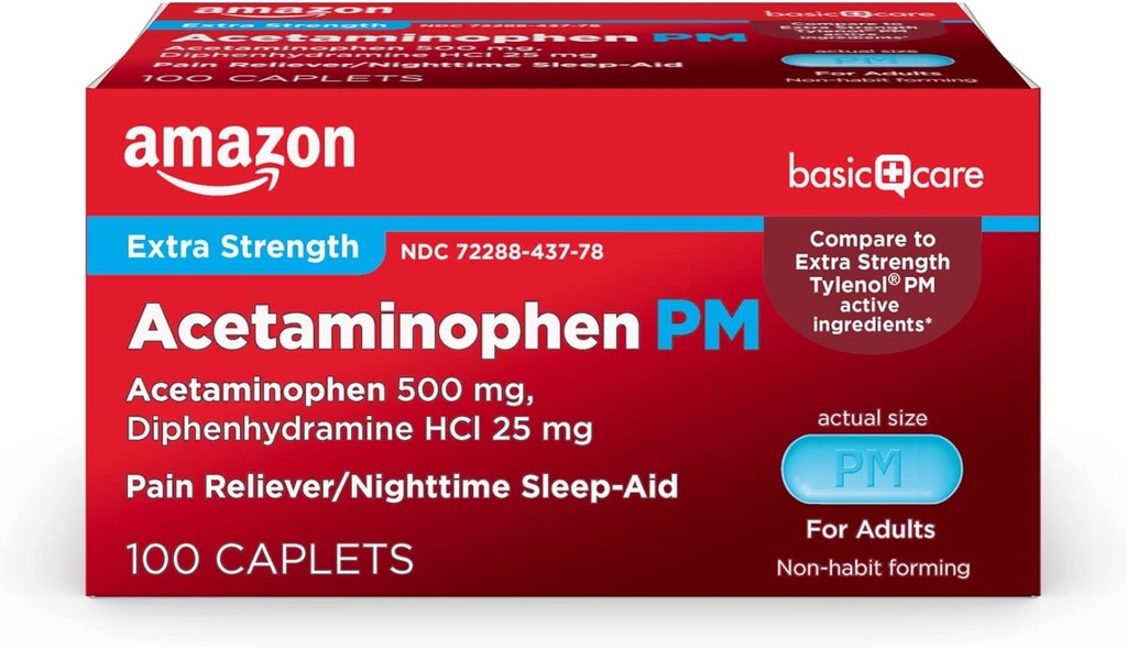 基本护理 Acetaminophen PM Caplets, 痛苦救世者+夜间睡眠援助, 额外力量, 帮助偶尔的轻微疼痛, 疼痛和头痛救济, 100 计数, 包装可能不同