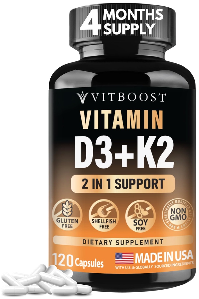 VITBOST 维生素 D3 K2 复合体 - 容易吞 - 维生素 D (D3) 5000 IU (125 mcg) & K2(MK-7) 90 mcg → Non-GMO → Gluten-free → ^ USA 制造 → 120 Capsules