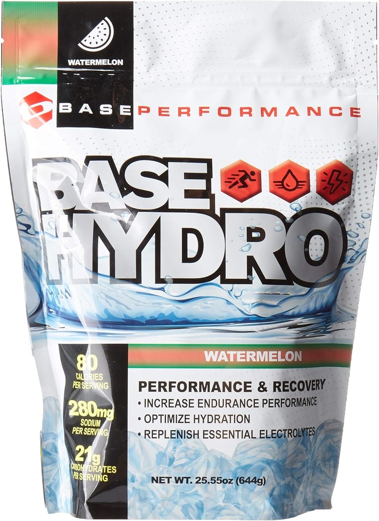 BASE 性能水利 - 西瓜 - 28 在每个生态友好的Mylar Bag 中服务 - Dexterse、Fructose、Maltodexterin和基本电解质的混合物。 (维瓜)