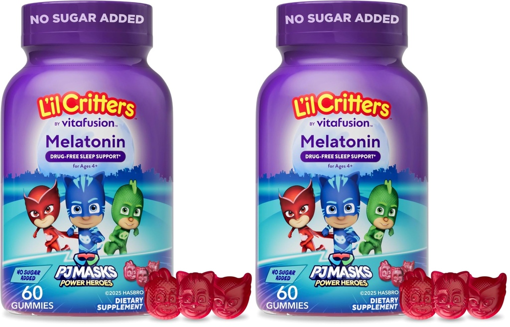 L'il Crits PJ Masks Gummy Melatonin 儿童补充品,无毒睡眠支助,60 Gummys(包2)