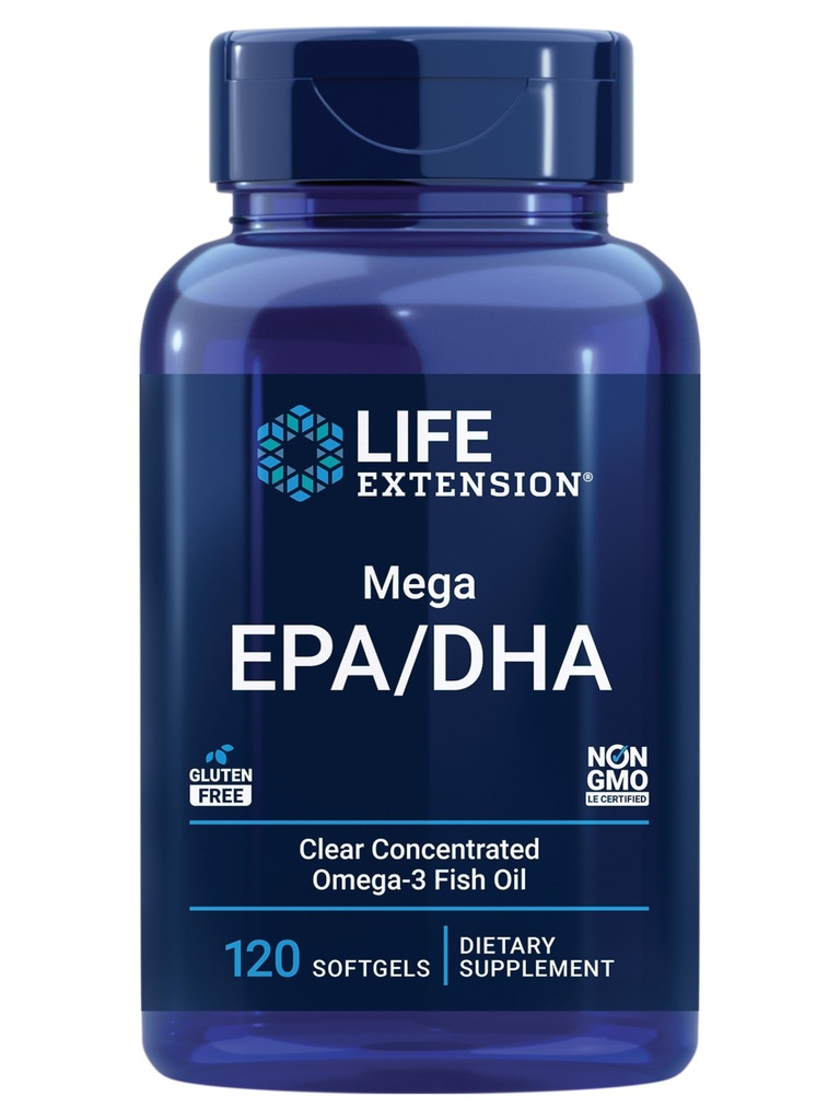 生命延伸 Mega EPA/DHA、Omega-3脂肪酸、心脏和脑健康、非GMO、无胶体、120软胶