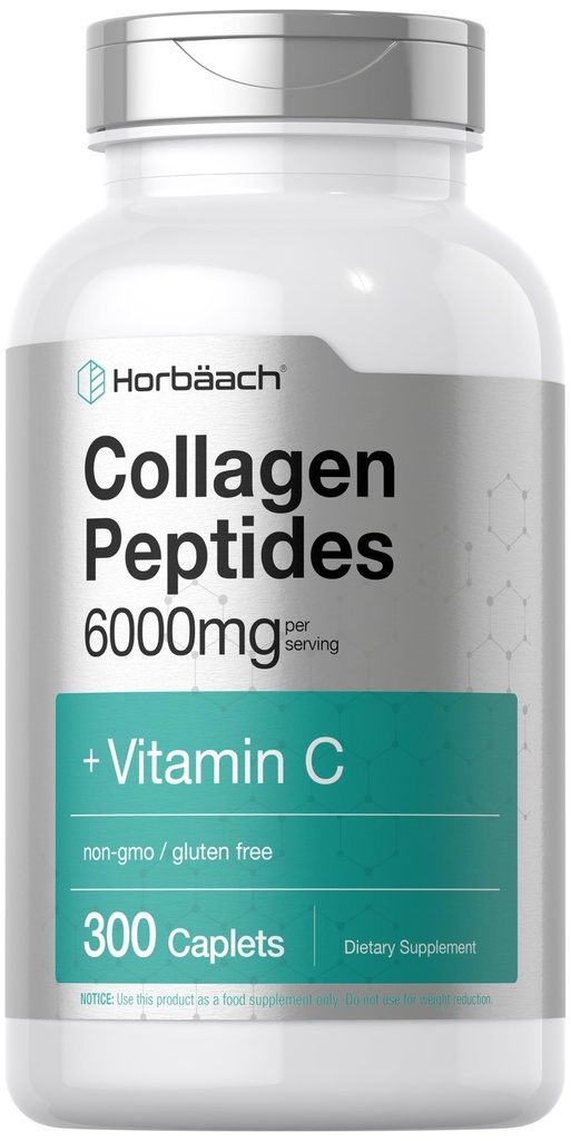 Horbäach Collagen Peptides 6000mg → 300 Caplet Pills 与维生素 C → 水解Collagen 补充 → Non-GMO, Gluten Free