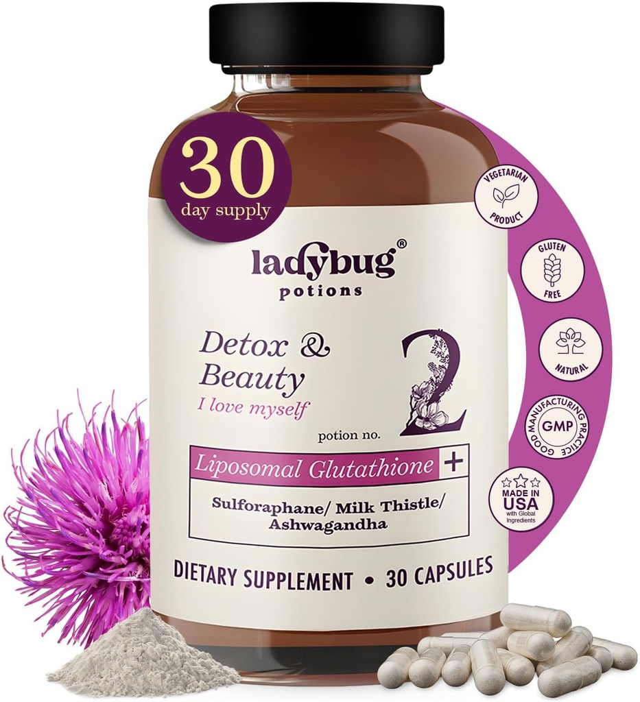 Liposomal Glutathione补编 - 30 Capsules Glutathione Liposomal补编,配有有机Ashwagandha、来自Broccoli种子的Sulforaphane、Myrosinase、支持免疫的奶瓶和肝脏保健
