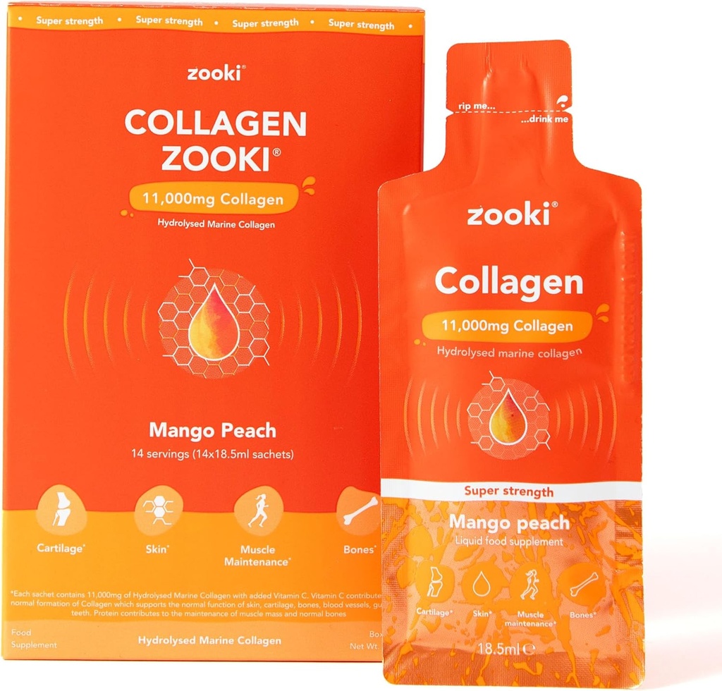 Zooki 超级强力海洋 Collagen Liquid Sachets 11000mg – Great Taste, Sugar Free – 最高强力海洋 Collagen – Skin, Joes & Hair(芒果桃, 14 services) 超强海洋 Collagen – 女性和男性的皮肤, 联合和头发(芒果桃, 14 services)
