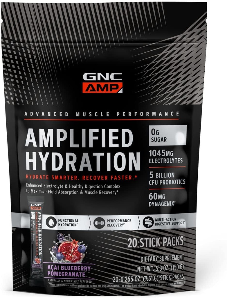 GNC AMP 放大水分 电解 粉末 饮料 混合 增强电解与健康消化综合体 | Acai Blueberry Pomegrant | 20 Counter
