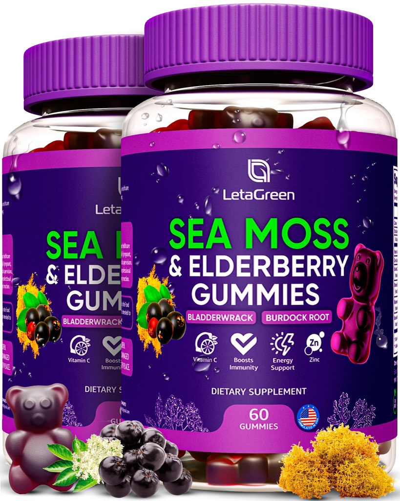 爱尔兰海 Moss Gummys – Sea Moss Bladderwrack Burdock 长老莓 – 60 Vegan Seamos Bears – Elderberry Gummys for Kids & Adults with Vitamin C & Zinc (Pack of 2) (英语).