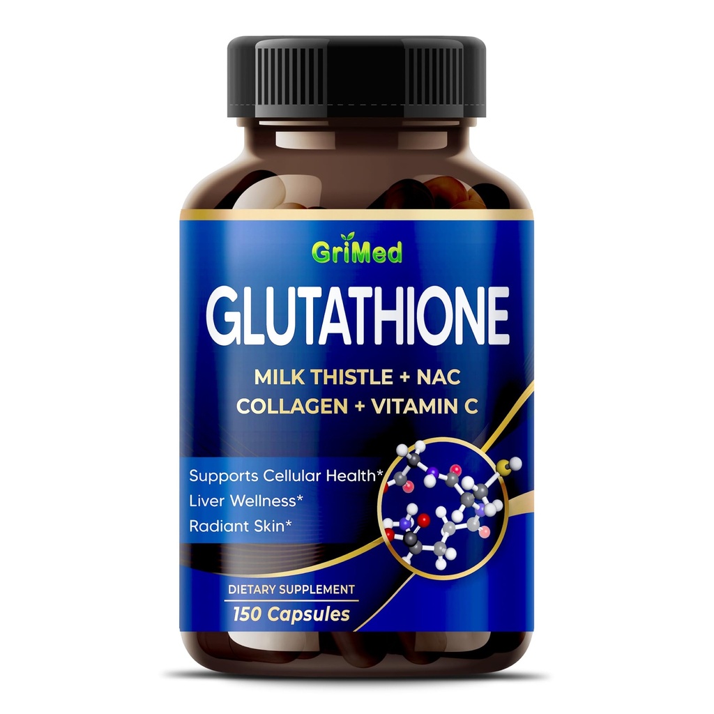 GriMed Glutathione 11,200mg - X10 配有牛奶硝酸,NAC,Collagen,维生素C - 细胞井, Radiant Skin - USA Made & Tested (150 count (Pack of 1)) 的动力.