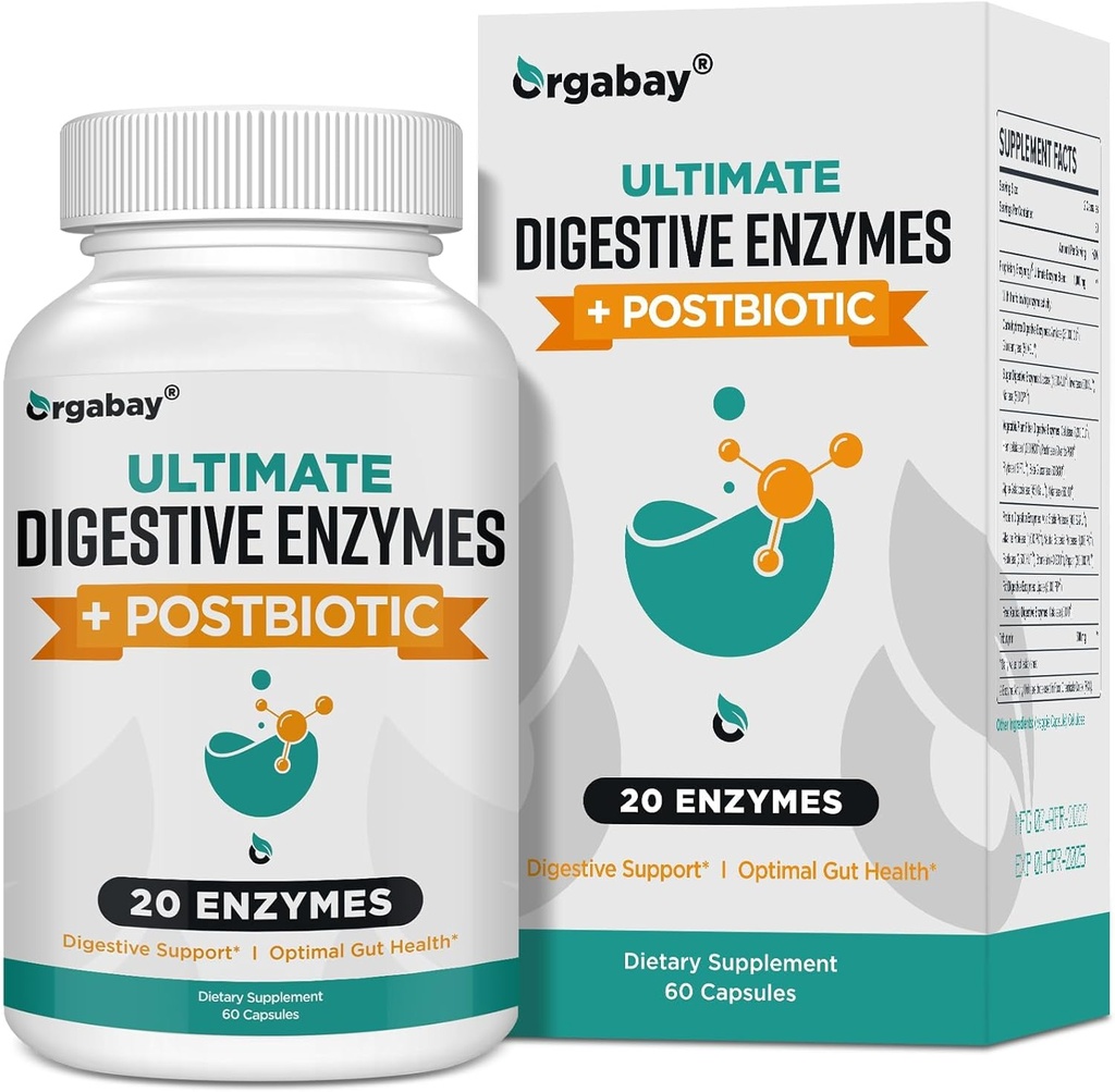 Orgabay 文摘酶 1000mg 与 Postbiotics , 20 酶混合 用于 Bloating, 优化文摘和 Gut 函数, 60 Veggie Capsules