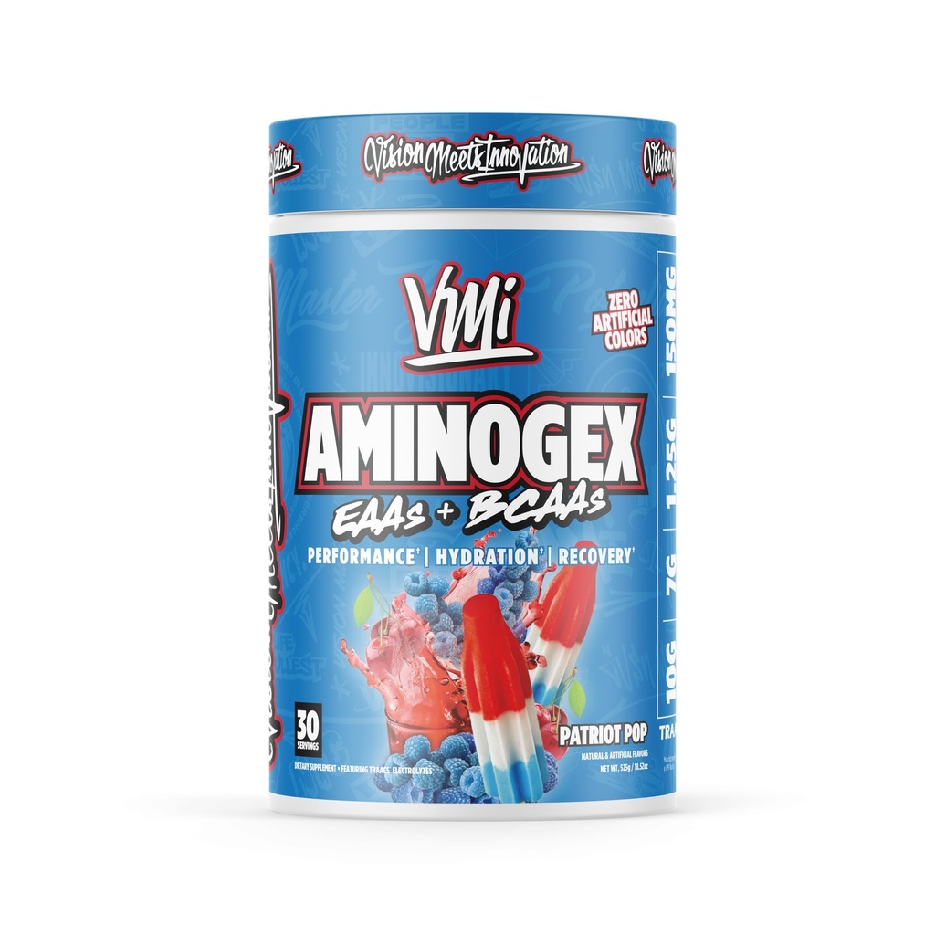 VMI Sports Aminogex Ultra QQ BCAA 粉末 氨基酸 + Betaine 和 Glutamine + 氨基酸 工作后恢复饮料 + 使用电解质的室内工作饮料 + + 30 services (Patriot Pop)