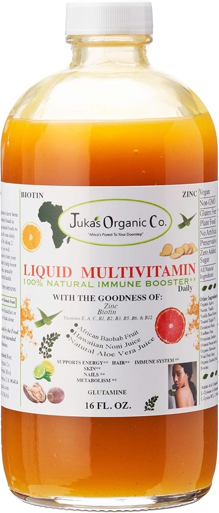 朱卡的有机公司 液态多维明用于皮肤 毛发 与锌 生物素 生物素 Baobab 维生素 A-E 跟踪矿物 氨基酸 氨基酸 氨基酸 玻璃瓶中的能量和消化系统 16oz