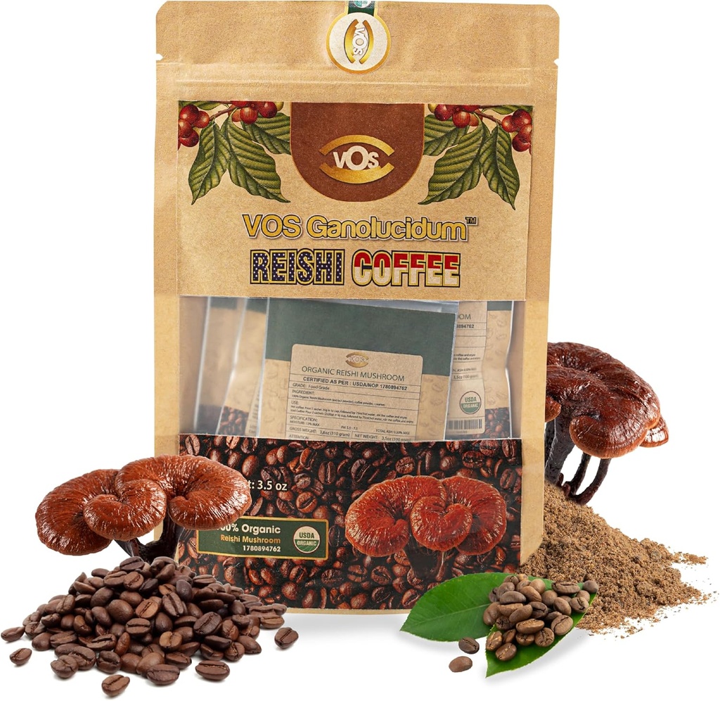 VOS GANOLUCIDUM - 100%有机Reishi Coffee, 2 in 1 Reishi Mushroom with Coffee, 5 Sachets, Great Tasting, Mushroom Supplement, 支持能源和豁免补充(每个0.7 oz)
