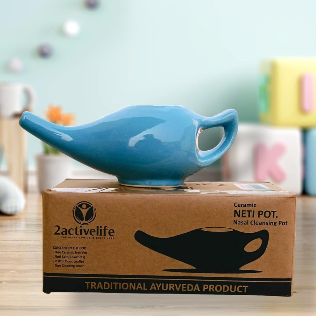 Yoga Neti Pot for Sinus & Controduction cleaning ++微波和Dishwasher 友好 ++ 泄漏 证明持久陶瓷 Neti Pot+ 鼻水洗手 持久陶瓷 - 蓝色