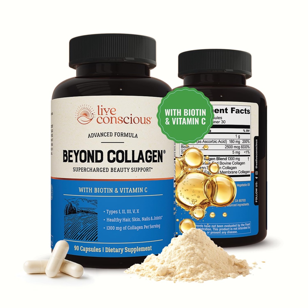 Live Agented Beyond Collagen 多科拉根 Capsules - 类型 I, II, III, V & X - 用Biotin & Vitamin C为头发,皮肤, 钉子 90 Capsules 进行水解混合