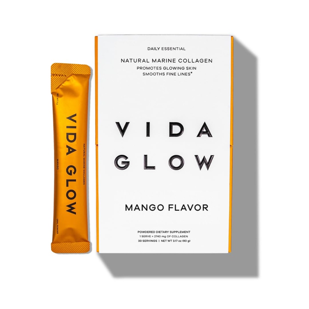 Vida Glow Marine Collagen Powder - Anti Aging Supplement with Collagen Peptides, Promotes Glowing Skin, Strong Nails, Healthy Hair | 30 Servings, Mango Flavor