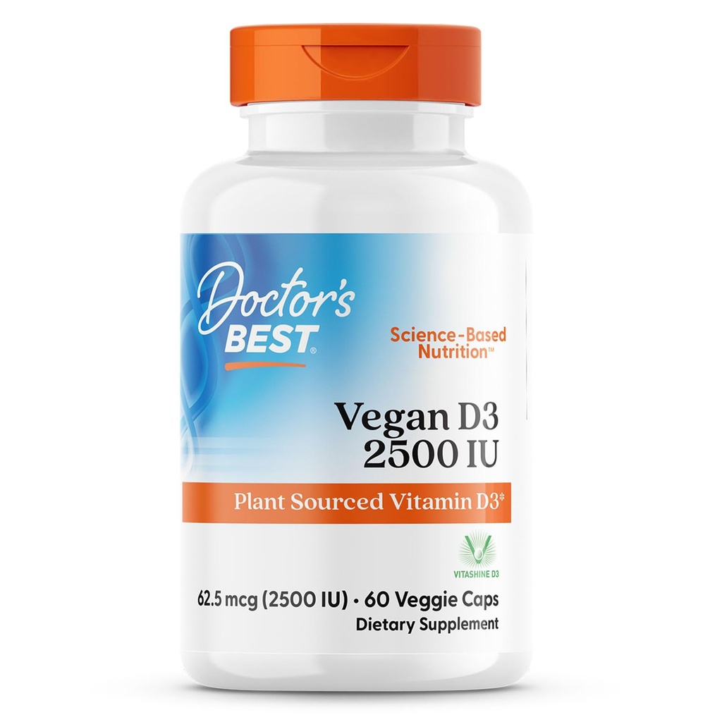 医生 Best Vegan D3 2500 IU (Vitashine),植物来源维生素D3,Non-GMO,Gluten Free,Soy Free,Vegen 60 Veggie Caps.