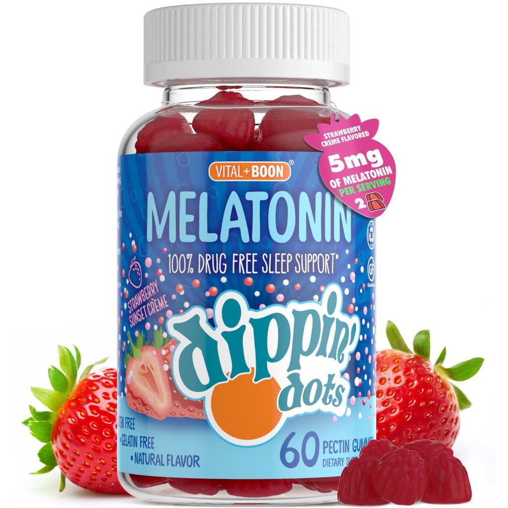 Melatonin 睡眠支持 Gummys (60 Counter) 草莓日落 Creme Flamor Chews 2.5mg Per Gummy 儿童和成人睡眠补充 QQ 更快和更长睡眠的补充