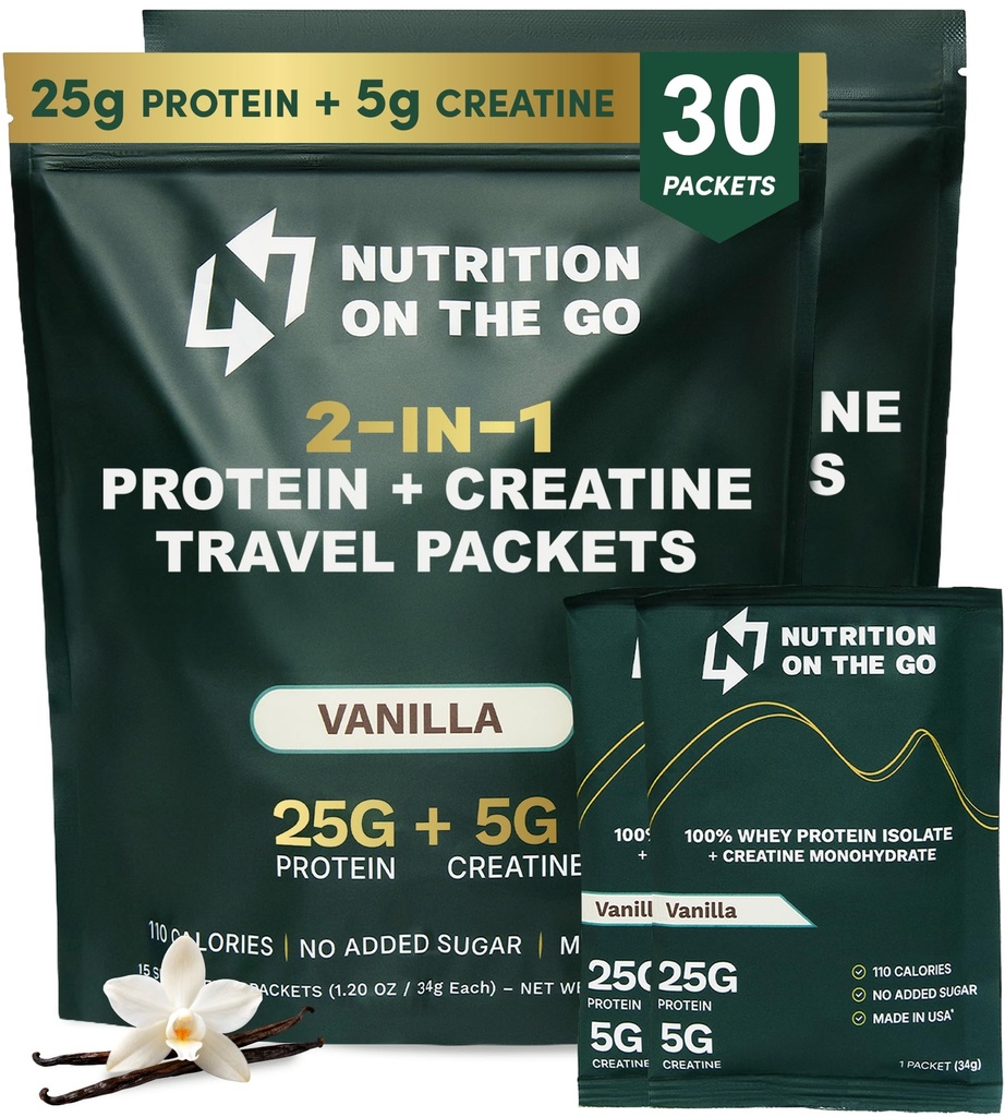 Go Whey蛋白质隔热包装上的营养 – 25g蛋白质+ 5g Creatine – 单服务旅行蛋白粉 – 香草(30-Pack)