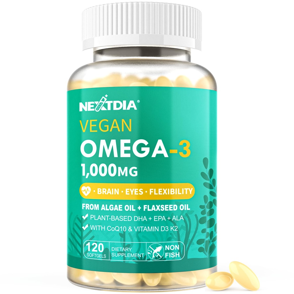 Vegen Omega 3 DHA EPA ALA 配有 5000IU 维生素 D3 K2(MK7), CoQ10 女性 | 鱼油替代品 | 植物 藻油 Omega 3 1000 mg 药丸 骨,脑,眼,皮肤 120 软胶