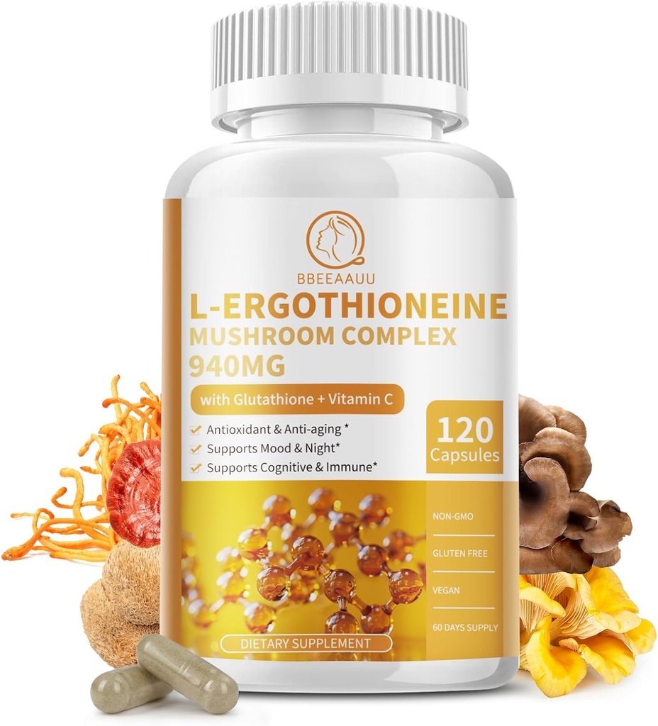 蘑菇复合剂补充剂,9分1,配有L-Ergothioneine,Glutathione,Lions Mane,Reishi,Cordyceps,Imune和抗氧化剂支持的有机蘑菇提取剂 120 Counts-N GMO, Vegan