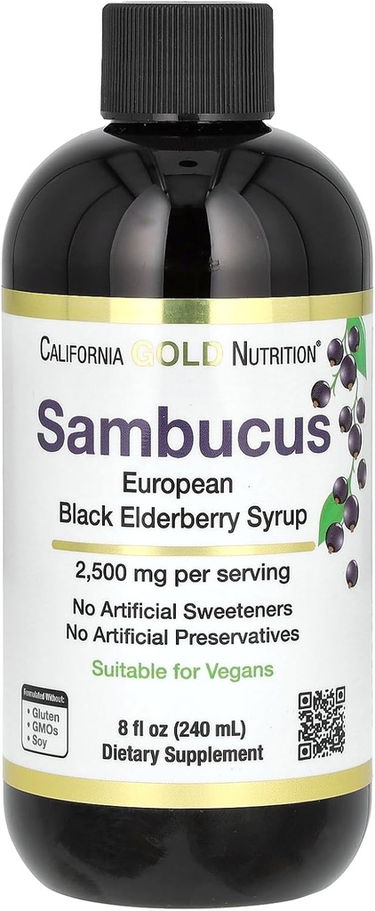 加利福尼亚州金营养 长老莓 Syrup,黑长老莓(Sambucus nigra) 汁液集中,季节性免疫支持,无人工防腐剂或甜甜剂,2500毫克,8 fl oz(240毫升)