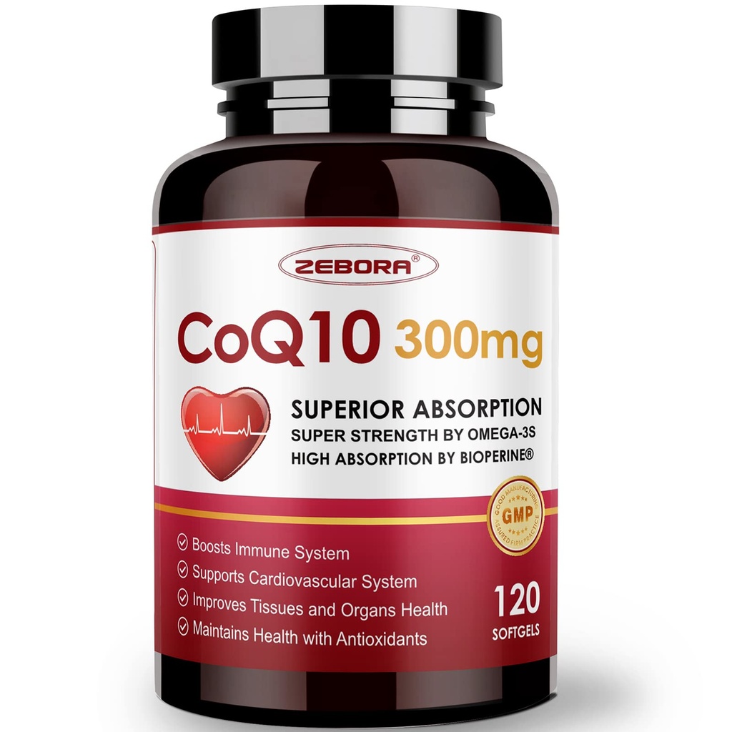 ZEBORA CoQ10-300mg-Softgels 配有 PQQ, BioPerine & Omega-3, 120 services Coenzyme Q10 (Ubiquinone) 高吸附剂,强抗氧化剂,支持心脏健康与能源生产的补充