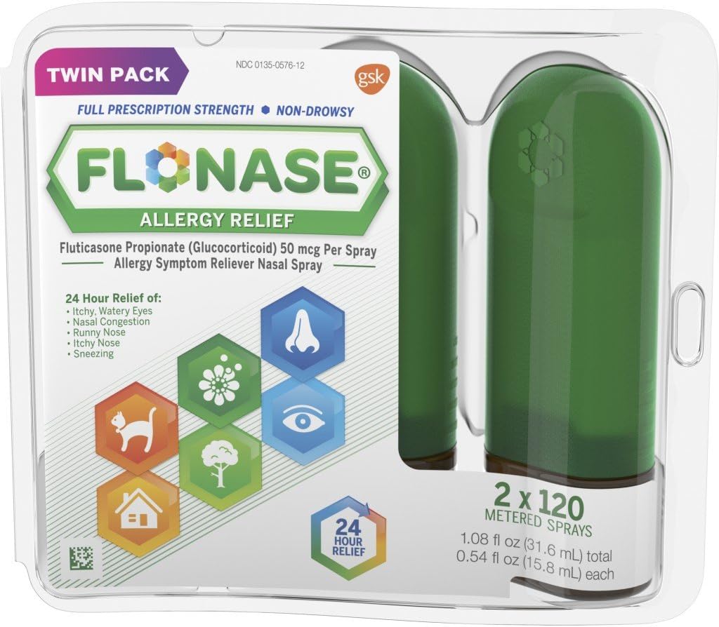 Flonase过敏性肾上腺素喷洒,24小时非昏睡性过敏性医学, Metered Nasal Spray - 0.54 Fl Oz (Pack of 1)